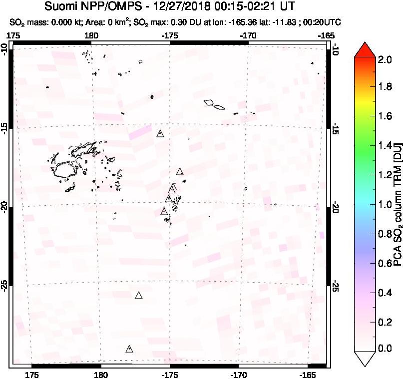 A sulfur dioxide image over Tonga, South Pacific on Dec 27, 2018.