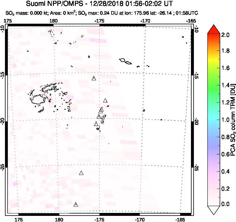 A sulfur dioxide image over Tonga, South Pacific on Dec 28, 2018.