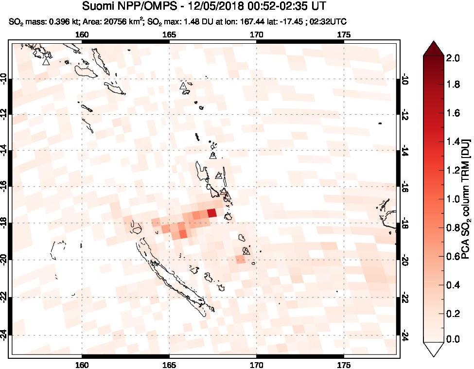 A sulfur dioxide image over Vanuatu, South Pacific on Dec 05, 2018.