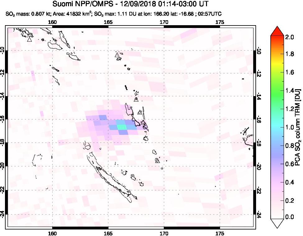 A sulfur dioxide image over Vanuatu, South Pacific on Dec 09, 2018.