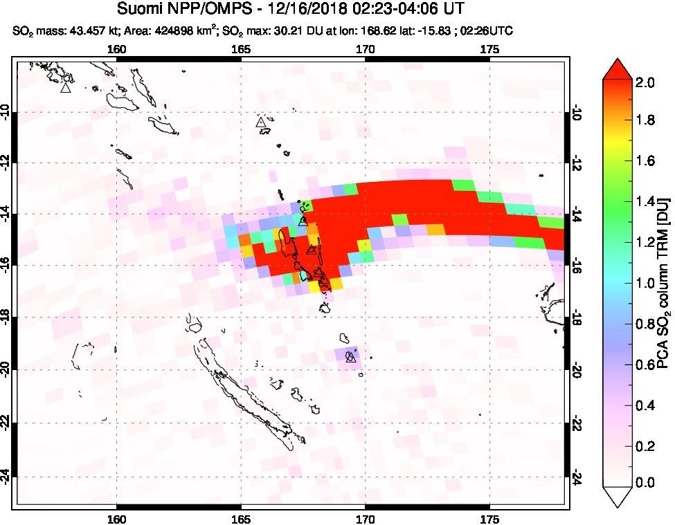 A sulfur dioxide image over Vanuatu, South Pacific on Dec 16, 2018.