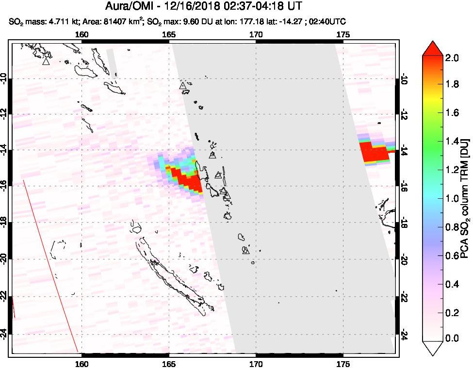 A sulfur dioxide image over Vanuatu, South Pacific on Dec 16, 2018.