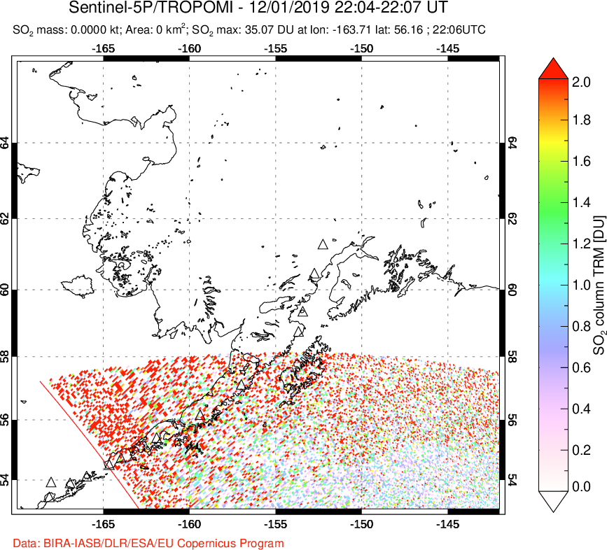 A sulfur dioxide image over Alaska, USA on Dec 01, 2019.