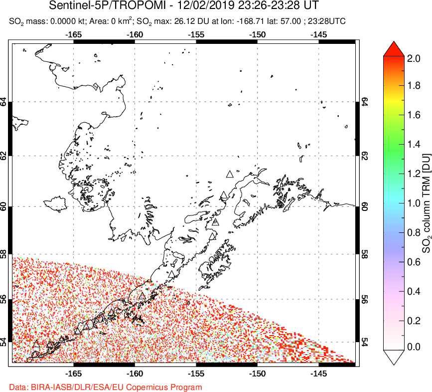 A sulfur dioxide image over Alaska, USA on Dec 02, 2019.