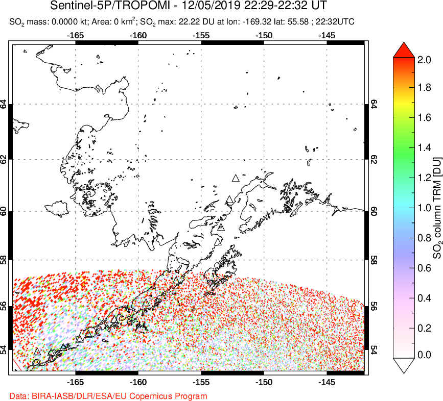 A sulfur dioxide image over Alaska, USA on Dec 05, 2019.