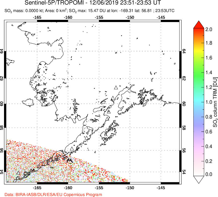 A sulfur dioxide image over Alaska, USA on Dec 06, 2019.