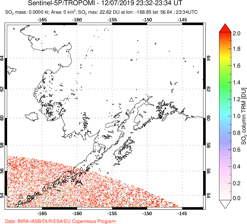 A sulfur dioxide image over Alaska, USA on Dec 07, 2019.