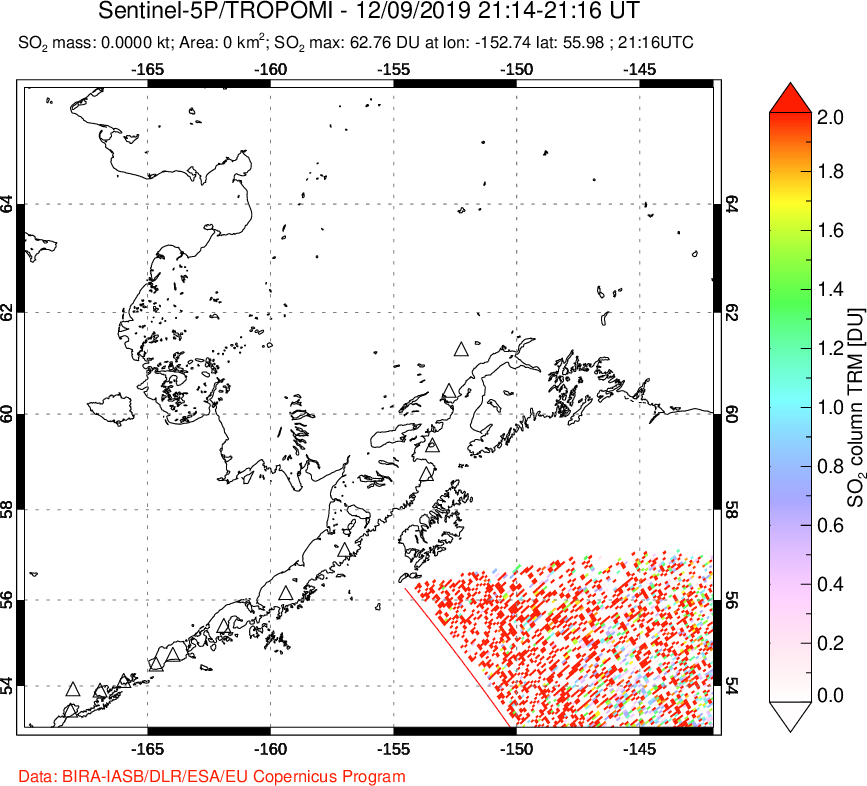 A sulfur dioxide image over Alaska, USA on Dec 09, 2019.