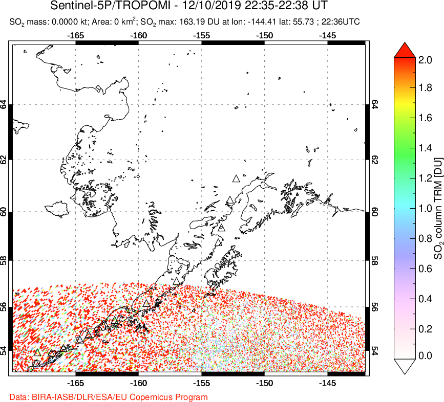A sulfur dioxide image over Alaska, USA on Dec 10, 2019.