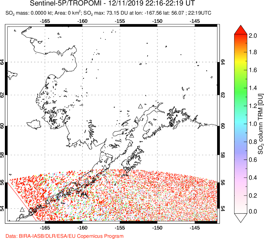 A sulfur dioxide image over Alaska, USA on Dec 11, 2019.