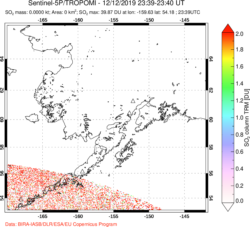 A sulfur dioxide image over Alaska, USA on Dec 12, 2019.