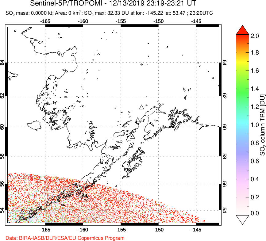 A sulfur dioxide image over Alaska, USA on Dec 13, 2019.