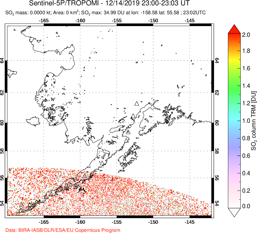 A sulfur dioxide image over Alaska, USA on Dec 14, 2019.