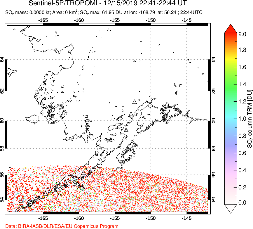 A sulfur dioxide image over Alaska, USA on Dec 15, 2019.