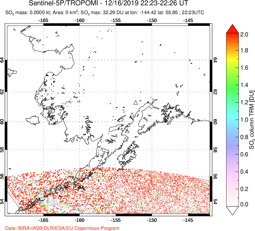 A sulfur dioxide image over Alaska, USA on Dec 16, 2019.