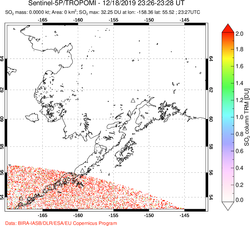 A sulfur dioxide image over Alaska, USA on Dec 18, 2019.