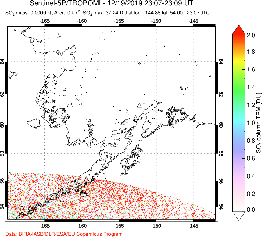 A sulfur dioxide image over Alaska, USA on Dec 19, 2019.