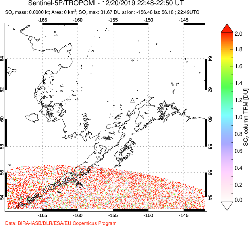 A sulfur dioxide image over Alaska, USA on Dec 20, 2019.