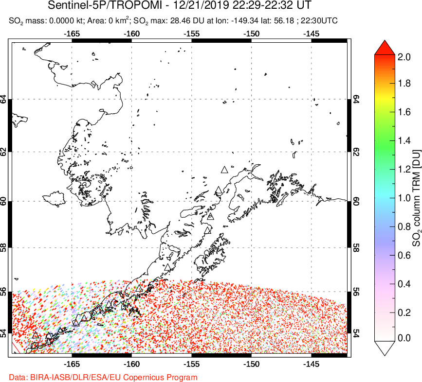 A sulfur dioxide image over Alaska, USA on Dec 21, 2019.