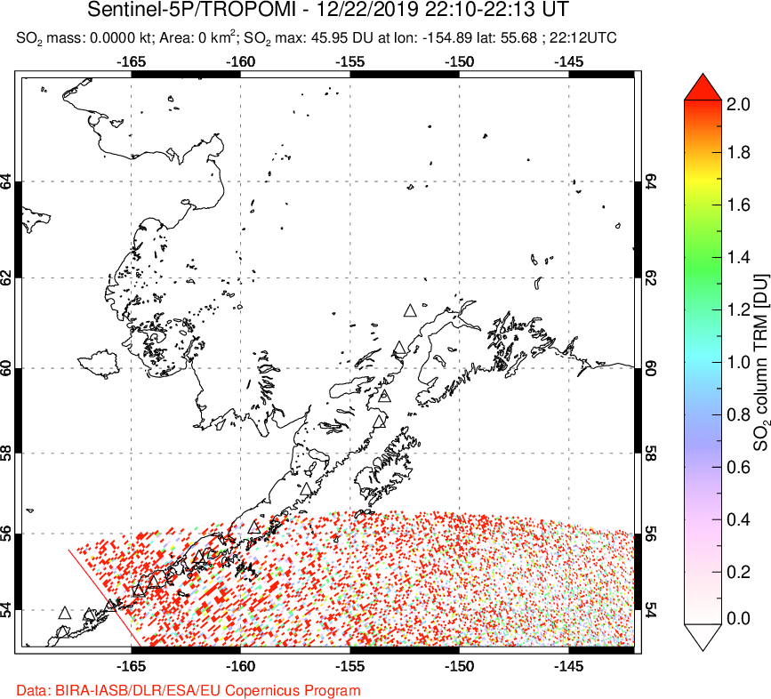 A sulfur dioxide image over Alaska, USA on Dec 22, 2019.