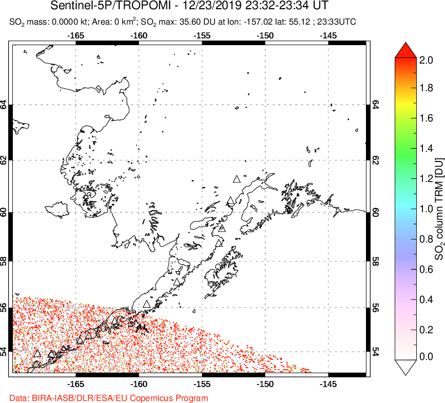 A sulfur dioxide image over Alaska, USA on Dec 23, 2019.
