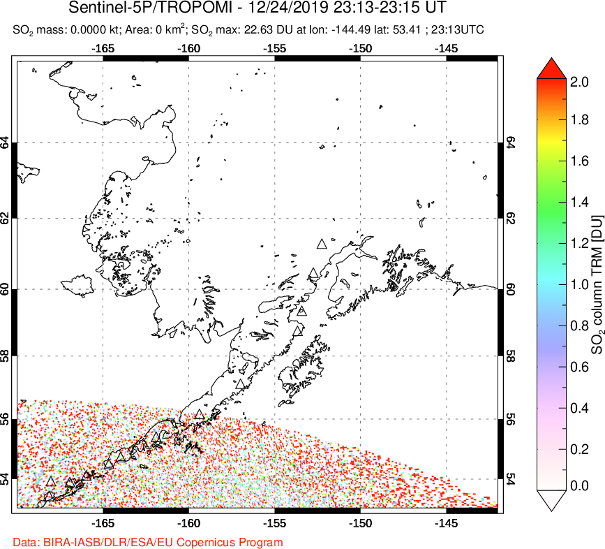 A sulfur dioxide image over Alaska, USA on Dec 24, 2019.