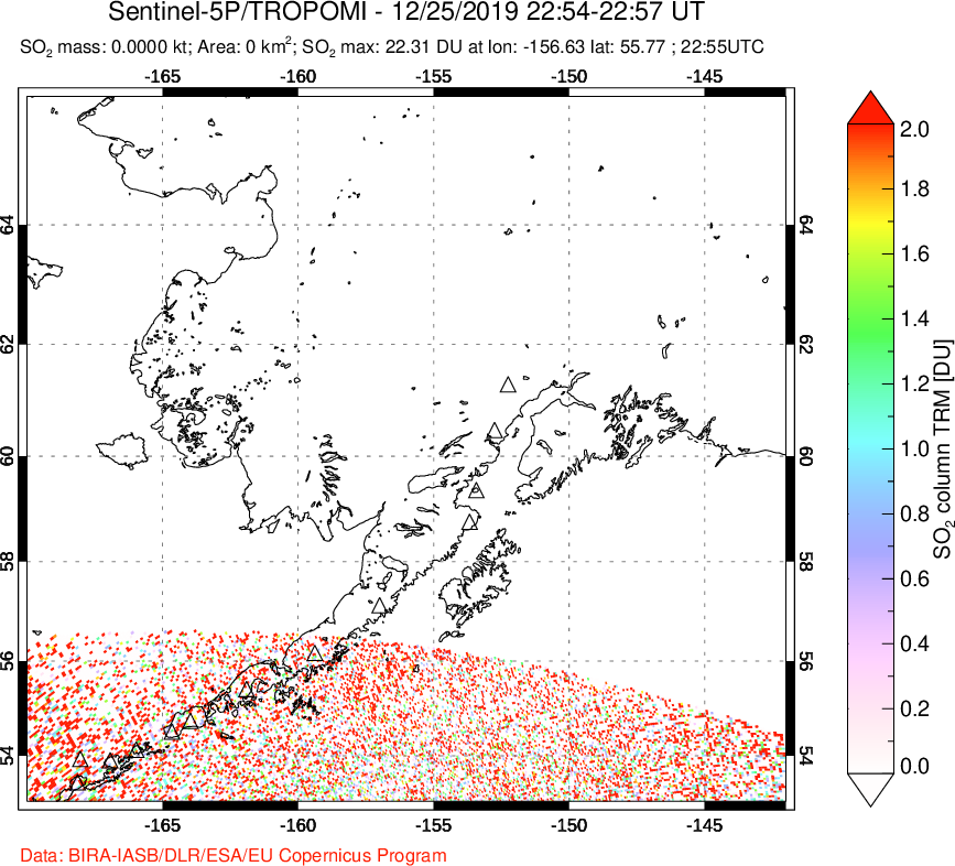 A sulfur dioxide image over Alaska, USA on Dec 25, 2019.