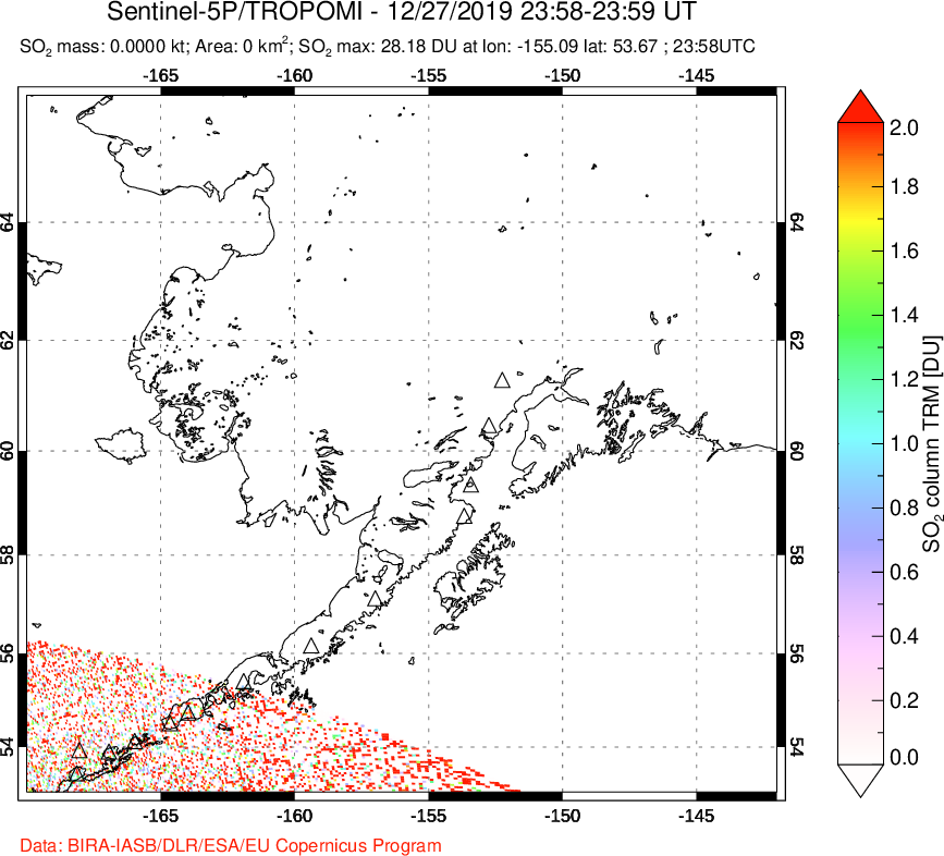 A sulfur dioxide image over Alaska, USA on Dec 27, 2019.