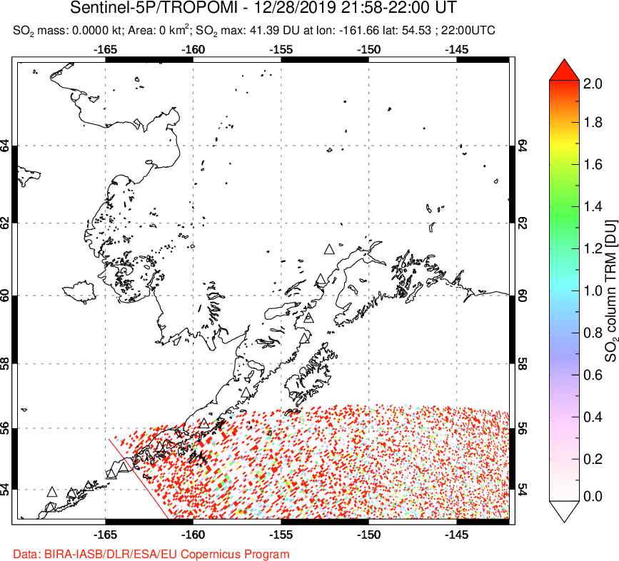 A sulfur dioxide image over Alaska, USA on Dec 28, 2019.
