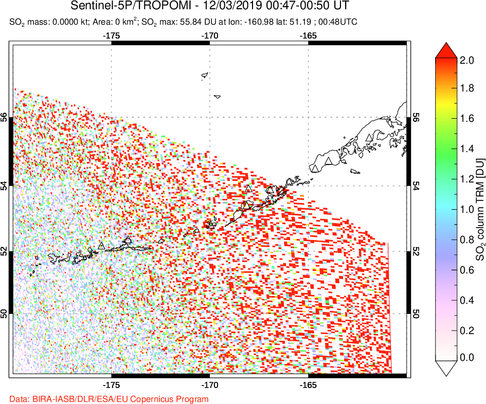 A sulfur dioxide image over Aleutian Islands, Alaska, USA on Dec 03, 2019.