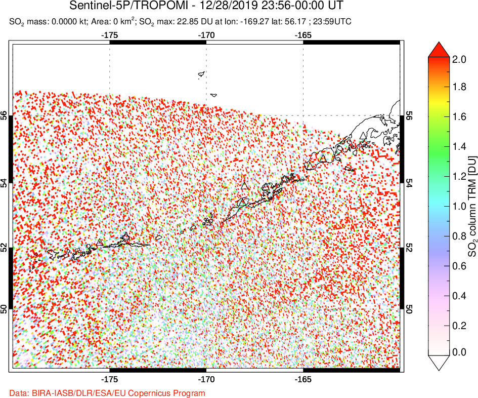 A sulfur dioxide image over Aleutian Islands, Alaska, USA on Dec 28, 2019.