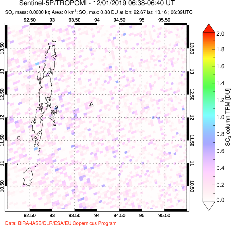 A sulfur dioxide image over Andaman Islands, Indian Ocean on Dec 01, 2019.