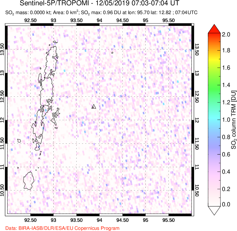 A sulfur dioxide image over Andaman Islands, Indian Ocean on Dec 05, 2019.