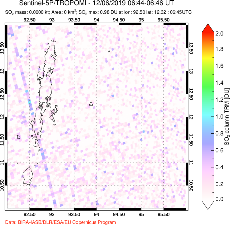 A sulfur dioxide image over Andaman Islands, Indian Ocean on Dec 06, 2019.