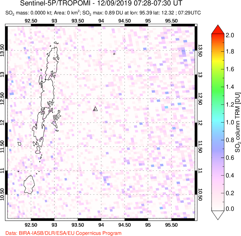 A sulfur dioxide image over Andaman Islands, Indian Ocean on Dec 09, 2019.