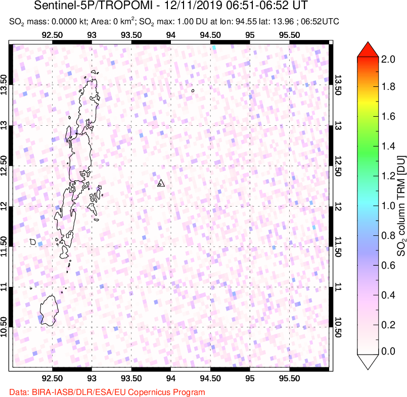 A sulfur dioxide image over Andaman Islands, Indian Ocean on Dec 11, 2019.