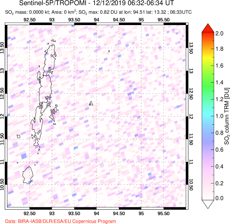 A sulfur dioxide image over Andaman Islands, Indian Ocean on Dec 12, 2019.