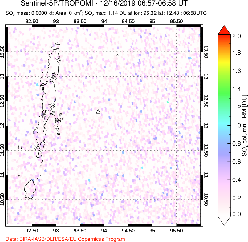 A sulfur dioxide image over Andaman Islands, Indian Ocean on Dec 16, 2019.