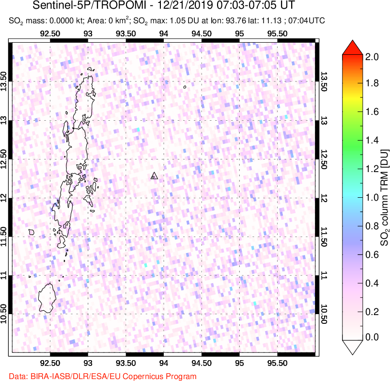 A sulfur dioxide image over Andaman Islands, Indian Ocean on Dec 21, 2019.