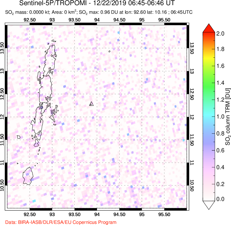 A sulfur dioxide image over Andaman Islands, Indian Ocean on Dec 22, 2019.