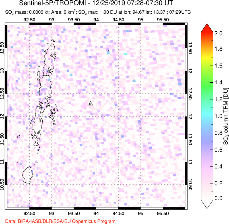A sulfur dioxide image over Andaman Islands, Indian Ocean on Dec 25, 2019.