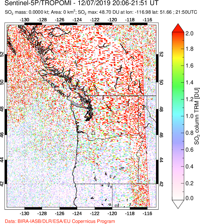A sulfur dioxide image over Cascade Range, USA on Dec 07, 2019.