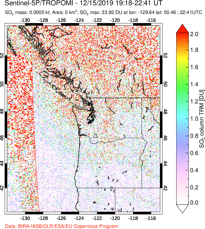 A sulfur dioxide image over Cascade Range, USA on Dec 15, 2019.