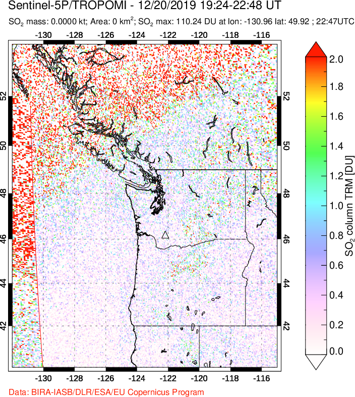 A sulfur dioxide image over Cascade Range, USA on Dec 20, 2019.