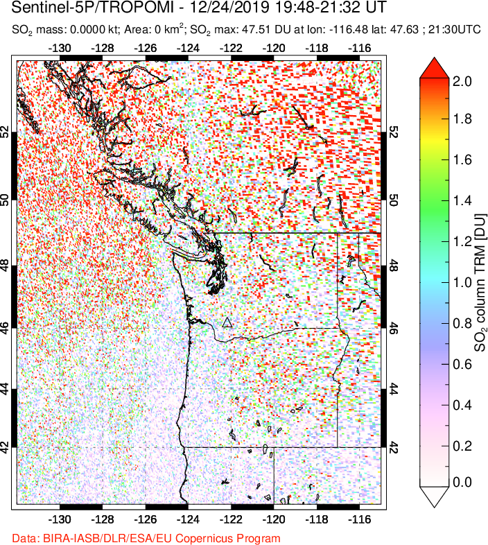 A sulfur dioxide image over Cascade Range, USA on Dec 24, 2019.