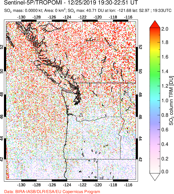 A sulfur dioxide image over Cascade Range, USA on Dec 25, 2019.