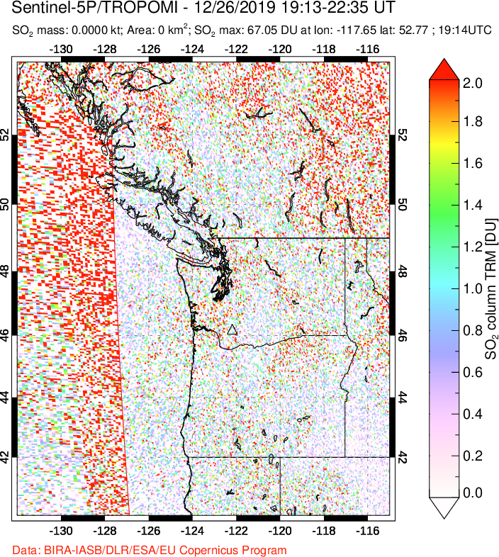 A sulfur dioxide image over Cascade Range, USA on Dec 26, 2019.