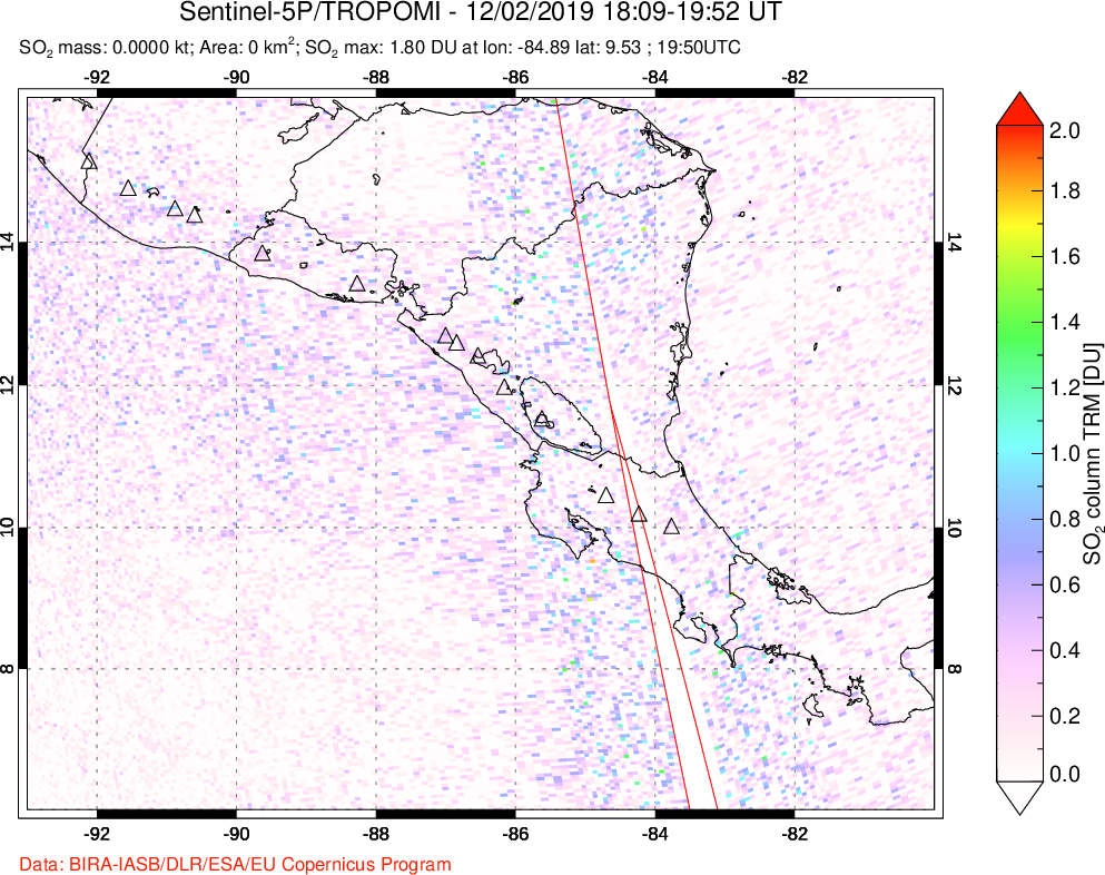 A sulfur dioxide image over Central America on Dec 02, 2019.
