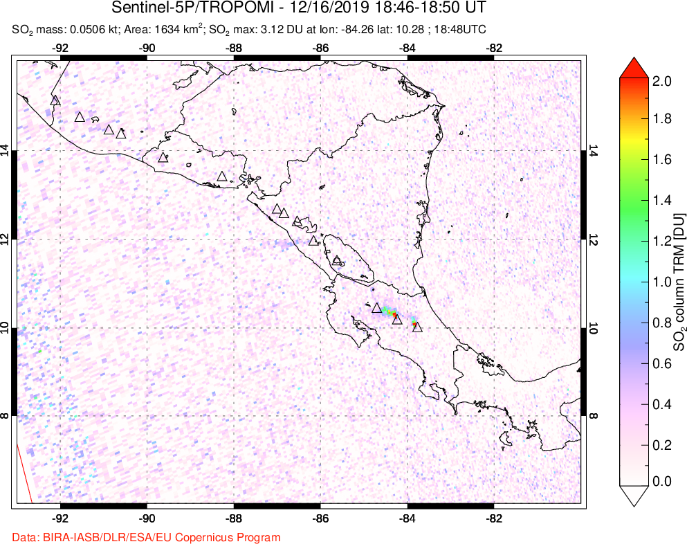 A sulfur dioxide image over Central America on Dec 16, 2019.