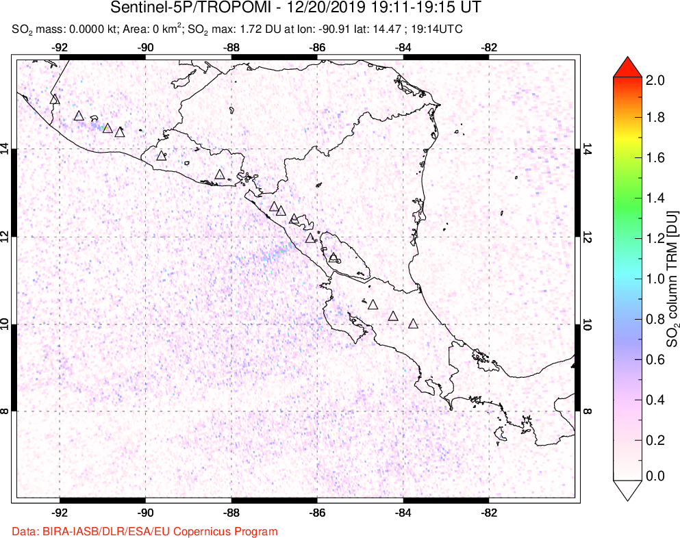 A sulfur dioxide image over Central America on Dec 20, 2019.